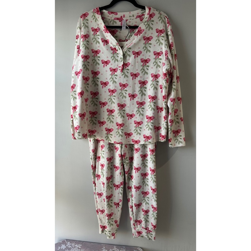 Tranquil & True Pajama‎ Set XL White Pink Bows Excellent Waffle Knit Henley